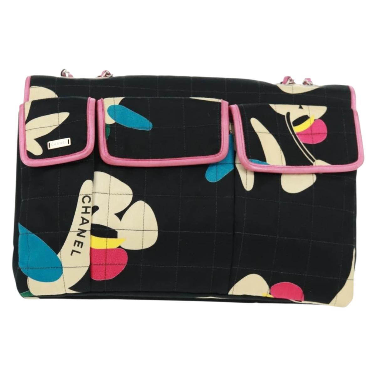 CHANEL 2.55 Chain Choco Bar Shoulder Bag Canvas Black Silver CC Auth 167915V