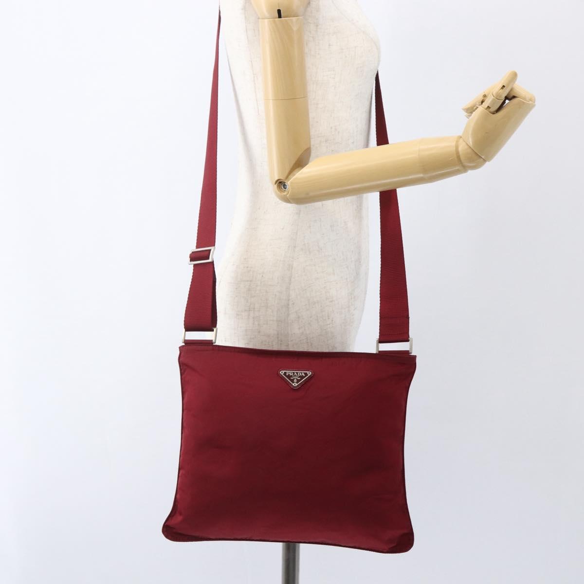 PRADA Shoulder Bag Nylon Red Silver Auth 167920