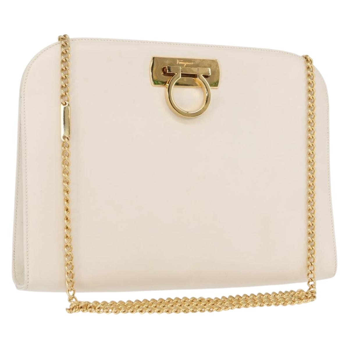 Salvatore Ferragamo Gancini Chain Shoulder Bag Leather White Gold Auth 167924