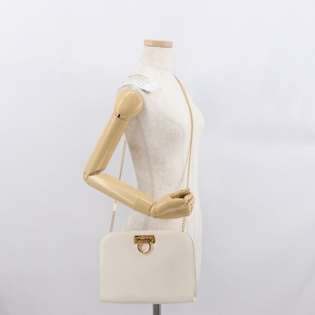 Salvatore Ferragamo Gancini Chain Shoulder Bag Leather White Gold Auth 167924