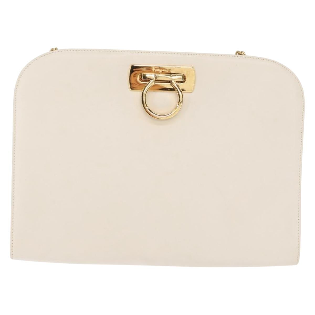 Salvatore Ferragamo Gancini Chain Shoulder Bag Leather White Gold Auth 167924