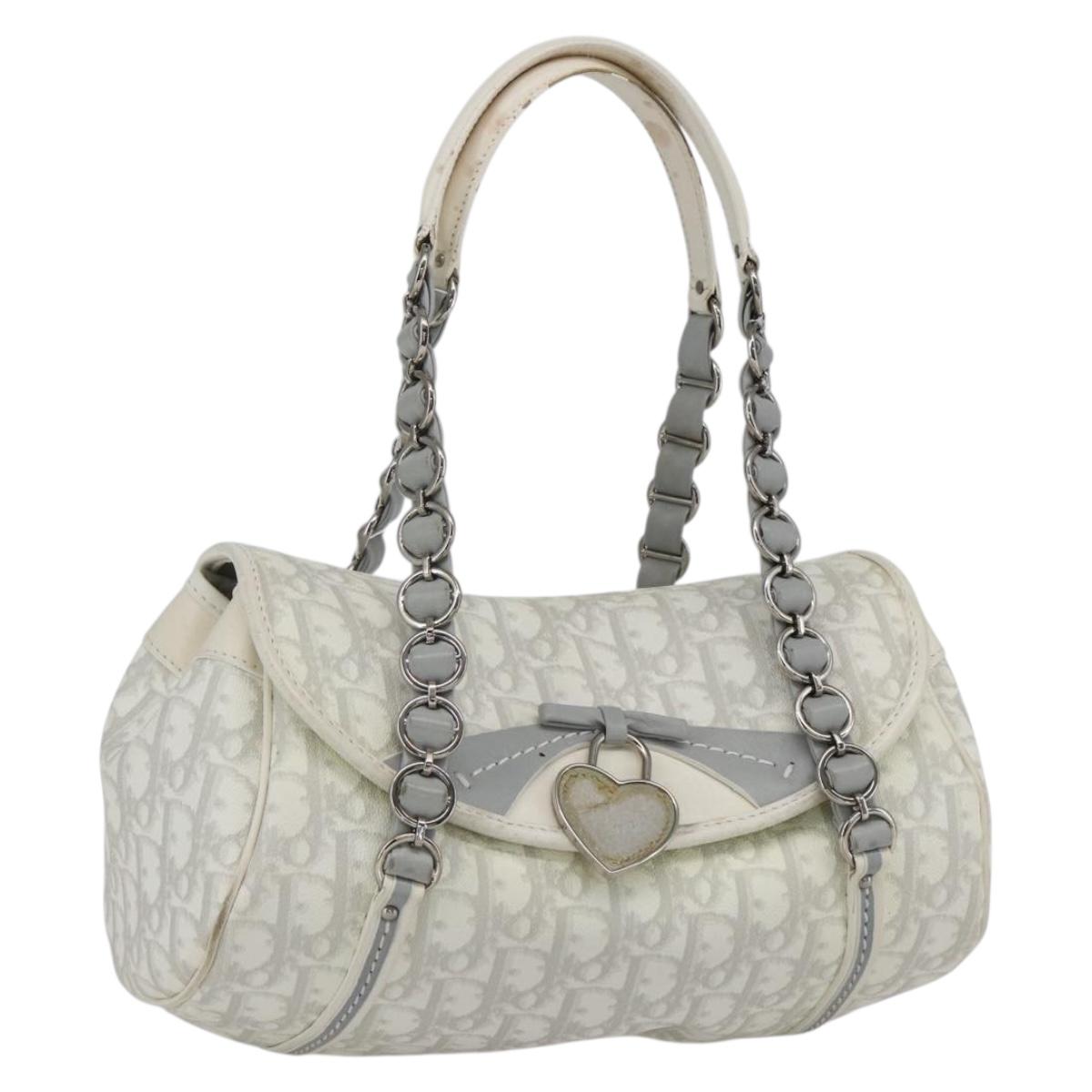 Christian Dior Trotter Canvas Romantic Chain Bag PVC White Silver Auth 167994