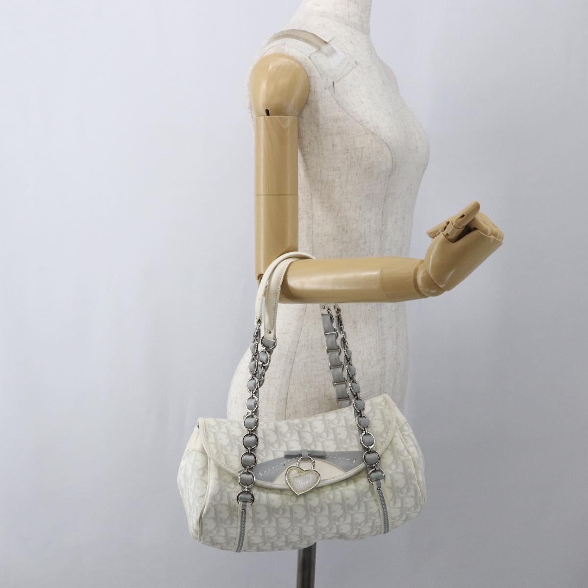 Christian Dior Trotter Canvas Romantic Chain Bag PVC White Silver Auth 167994
