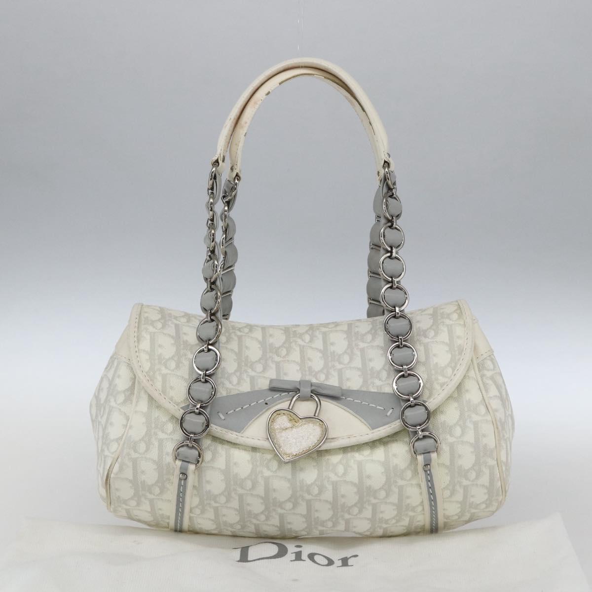 Christian Dior Trotter Canvas Romantic Chain Bag PVC White Silver Auth 167994