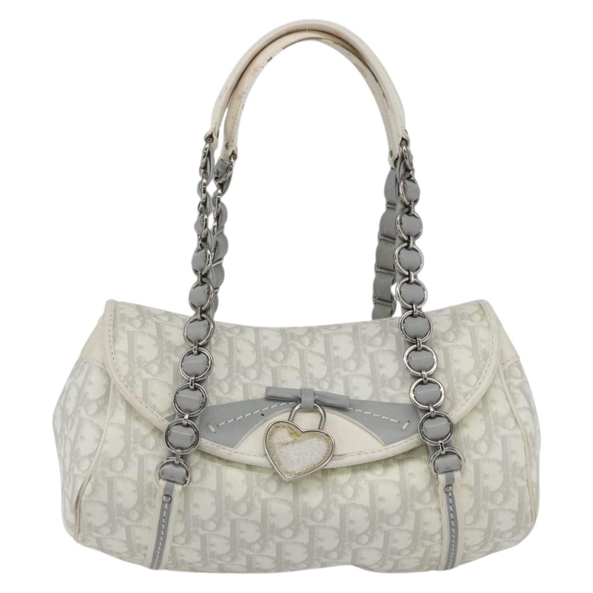 Christian Dior Trotter Canvas Romantic Chain Bag PVC White Silver Auth 167994