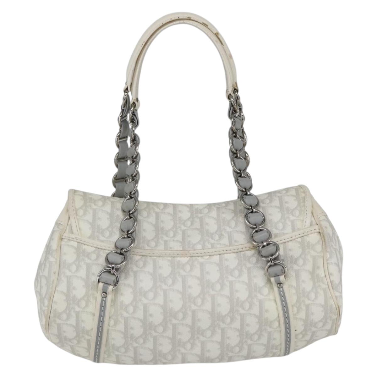 Christian Dior Trotter Canvas Romantic Chain Bag PVC White Silver Auth 167994