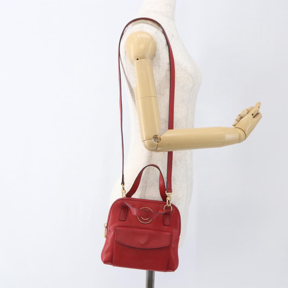 CELINE Circle Hand Bag Leather 2way Red Gold Auth 168014