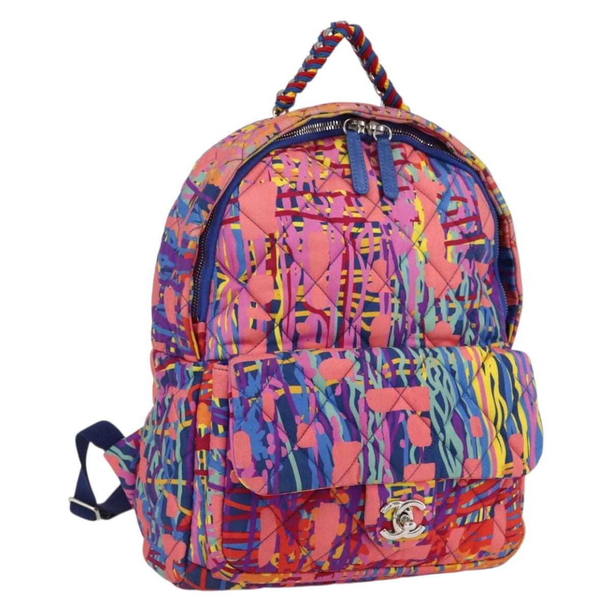 CHANEL Matelasse Backpack Nylon Multicolor Silver CC Auth 168037SAM
