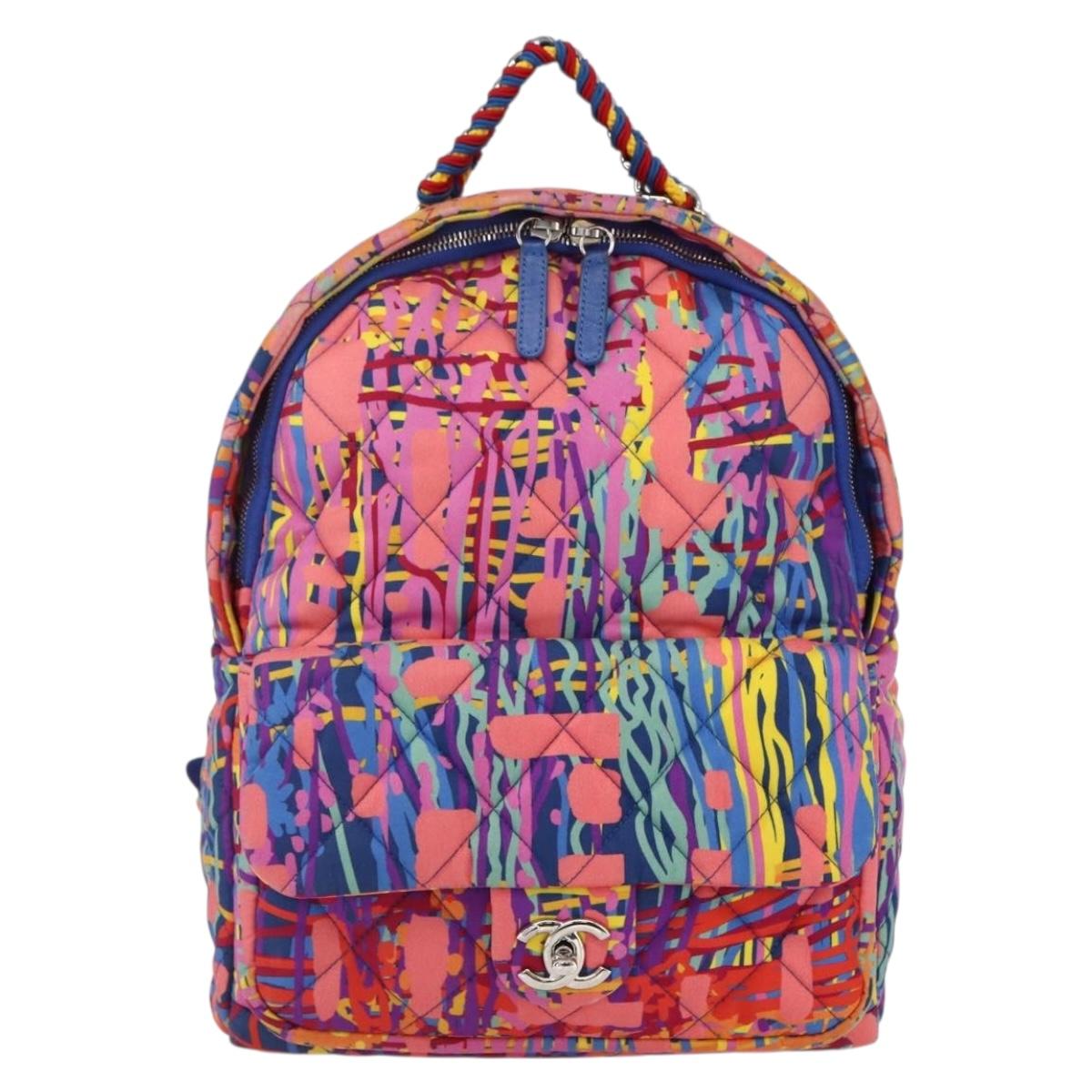 CHANEL Matelasse Backpack Nylon Multicolor Silver CC Auth 168037SAM