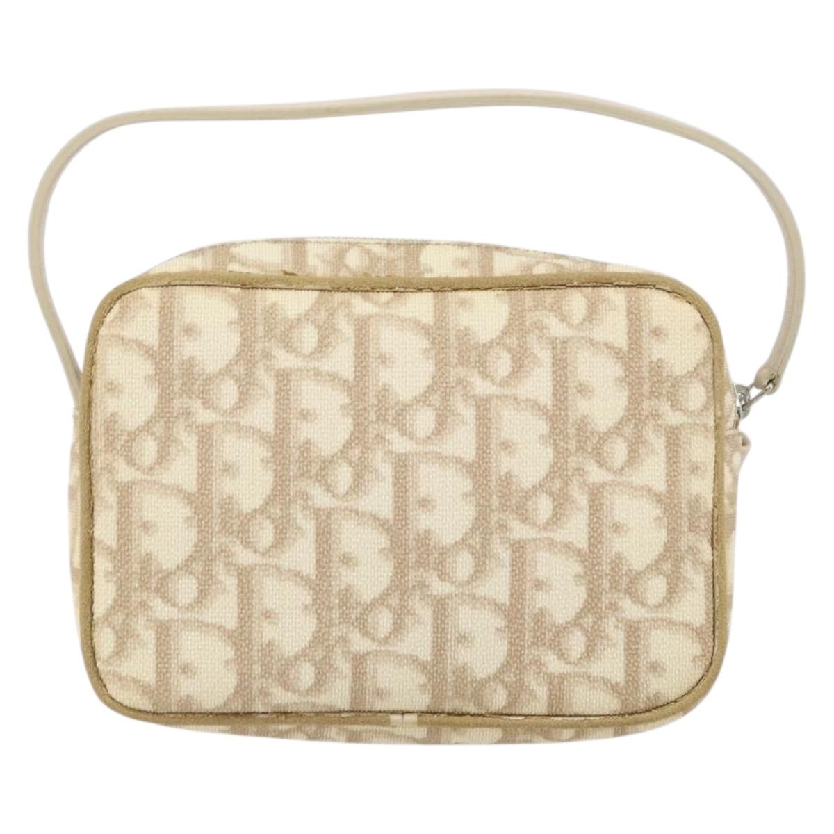 Christian Dior Trotter Canvas Romantic Pouch PVC Beige Silver Auth 168043