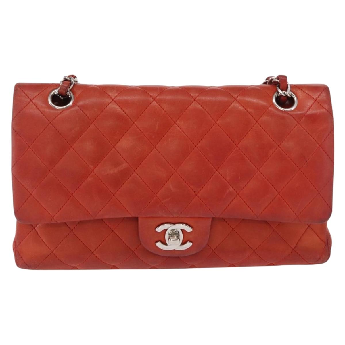 CHANEL Matelasse 25 Double Flap Chain Bag Lamb Skin Red Silver CC Auth 168059