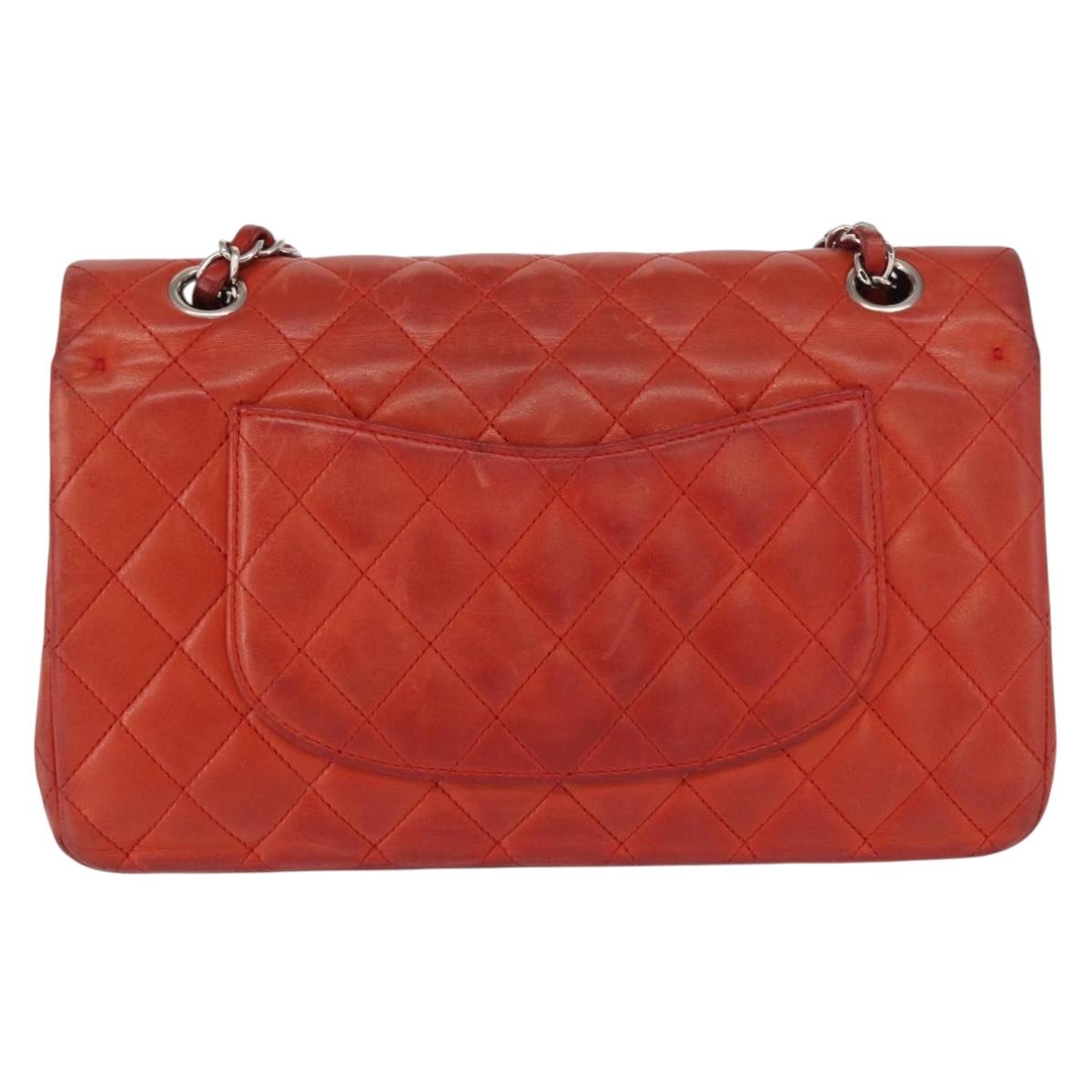 CHANEL Matelasse 25 Double Flap Chain Bag Lamb Skin Red Silver CC Auth 168059