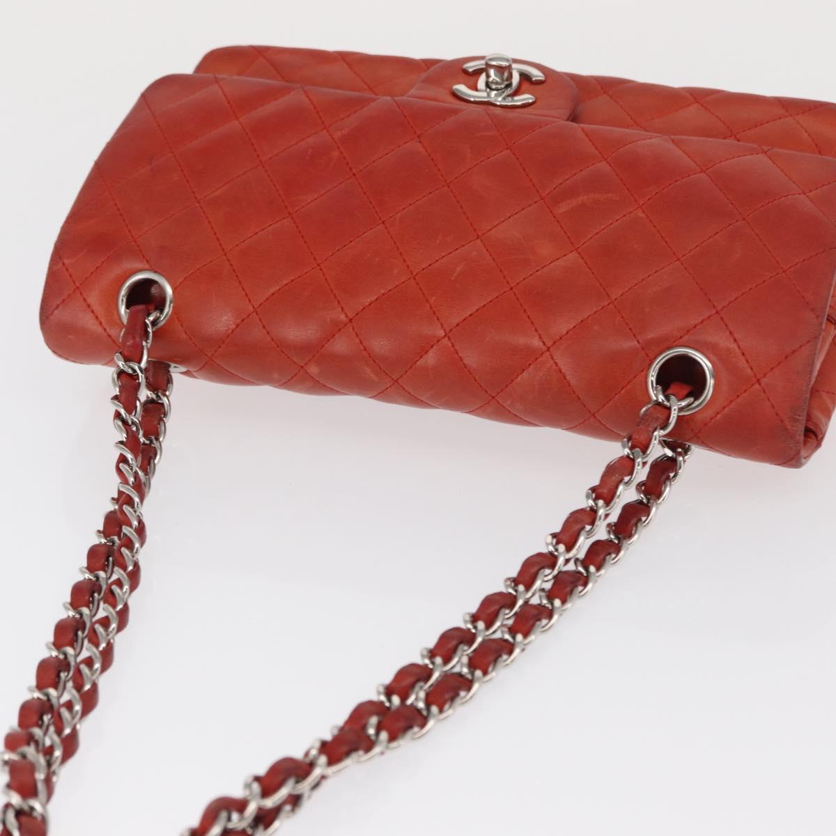 CHANEL Matelasse 25 Double Flap Chain Bag Lamb Skin Red Silver CC Auth 168059