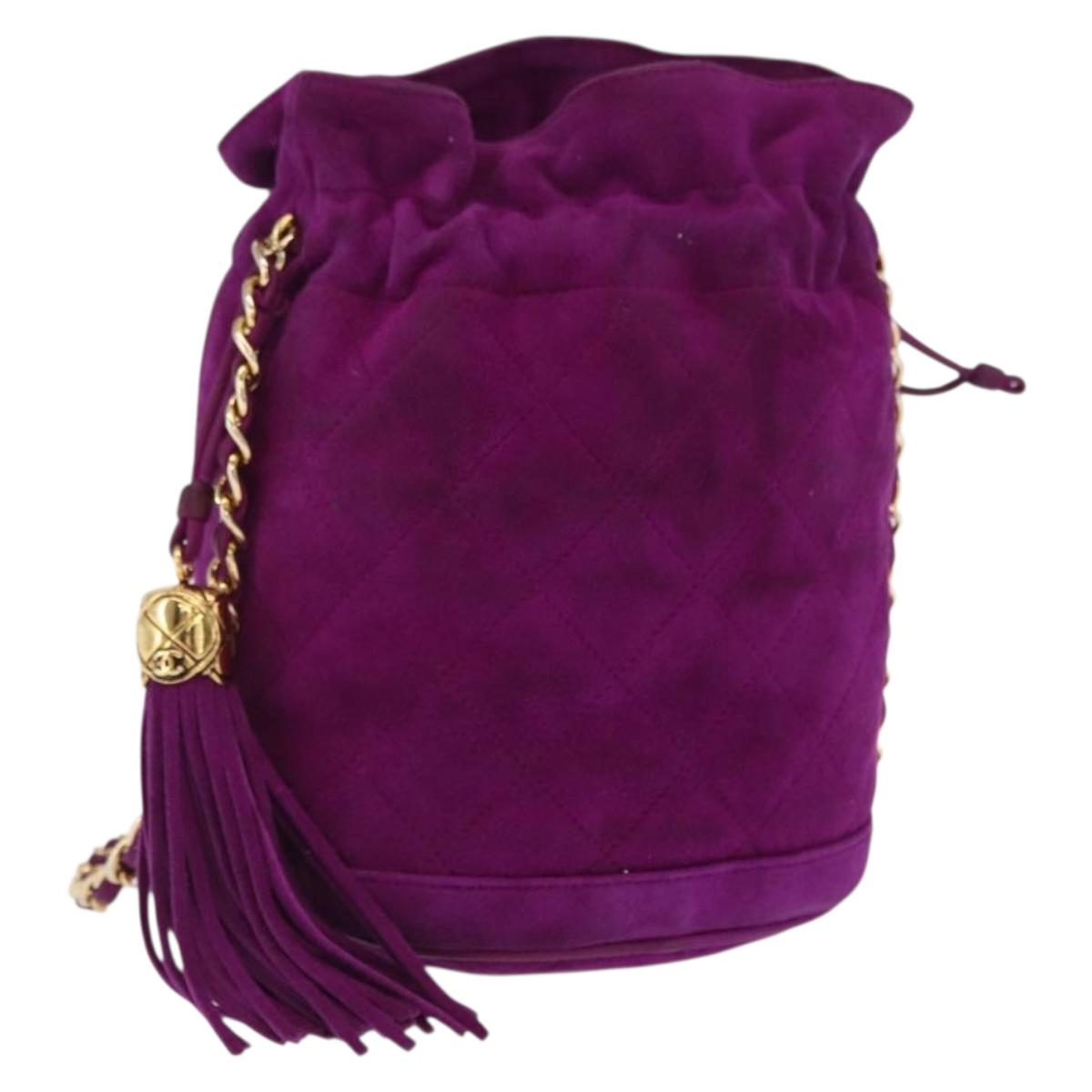 CHANEL Matelasse Chain Shoulder Bag Suede Purple Gold CC Auth 168060