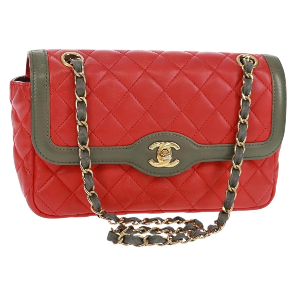 CHANEL Chain Matelasse 23 Shoulder Bag Lamb Skin Red Gold CC Auth 168061V