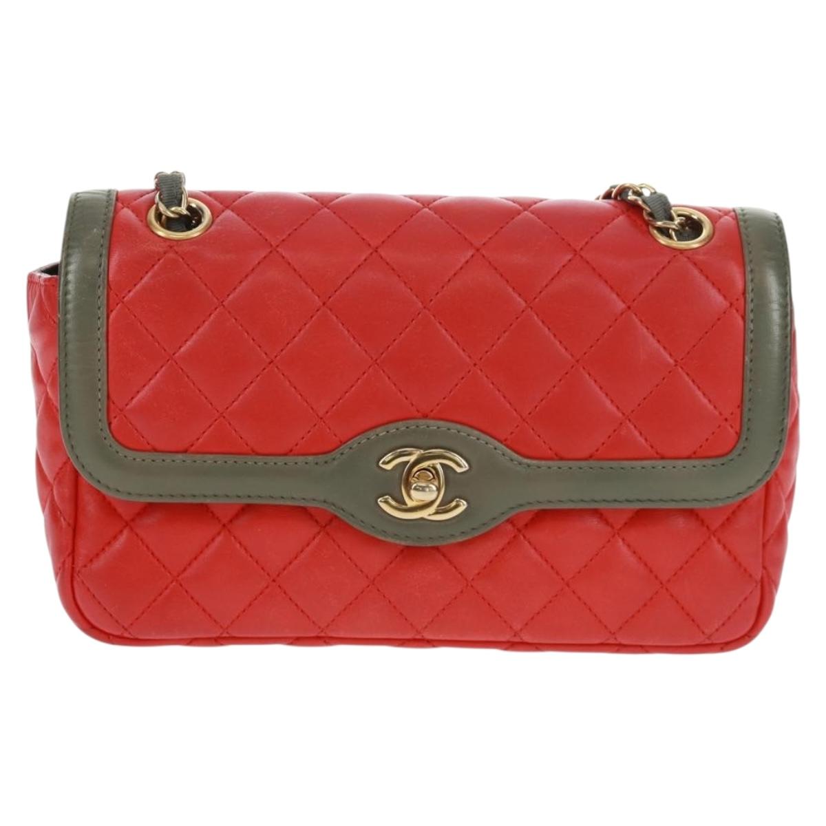 CHANEL Chain Matelasse 23 Shoulder Bag Lamb Skin Red Gold CC Auth 168061V