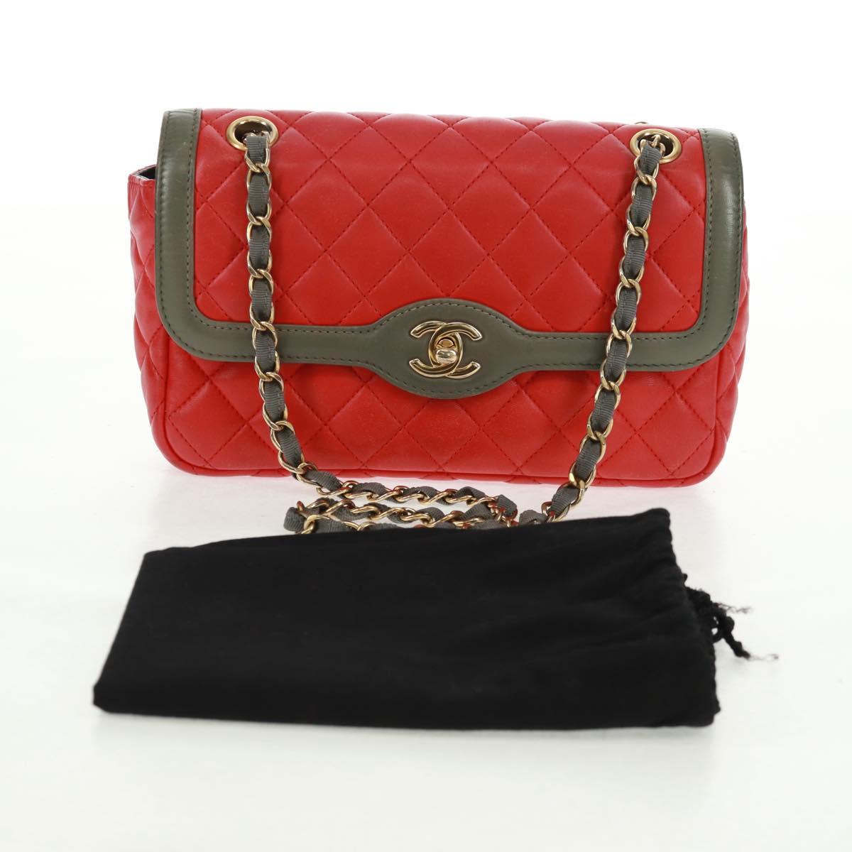 CHANEL Chain Matelasse 23 Shoulder Bag Lamb Skin Red Gold CC Auth 168061V