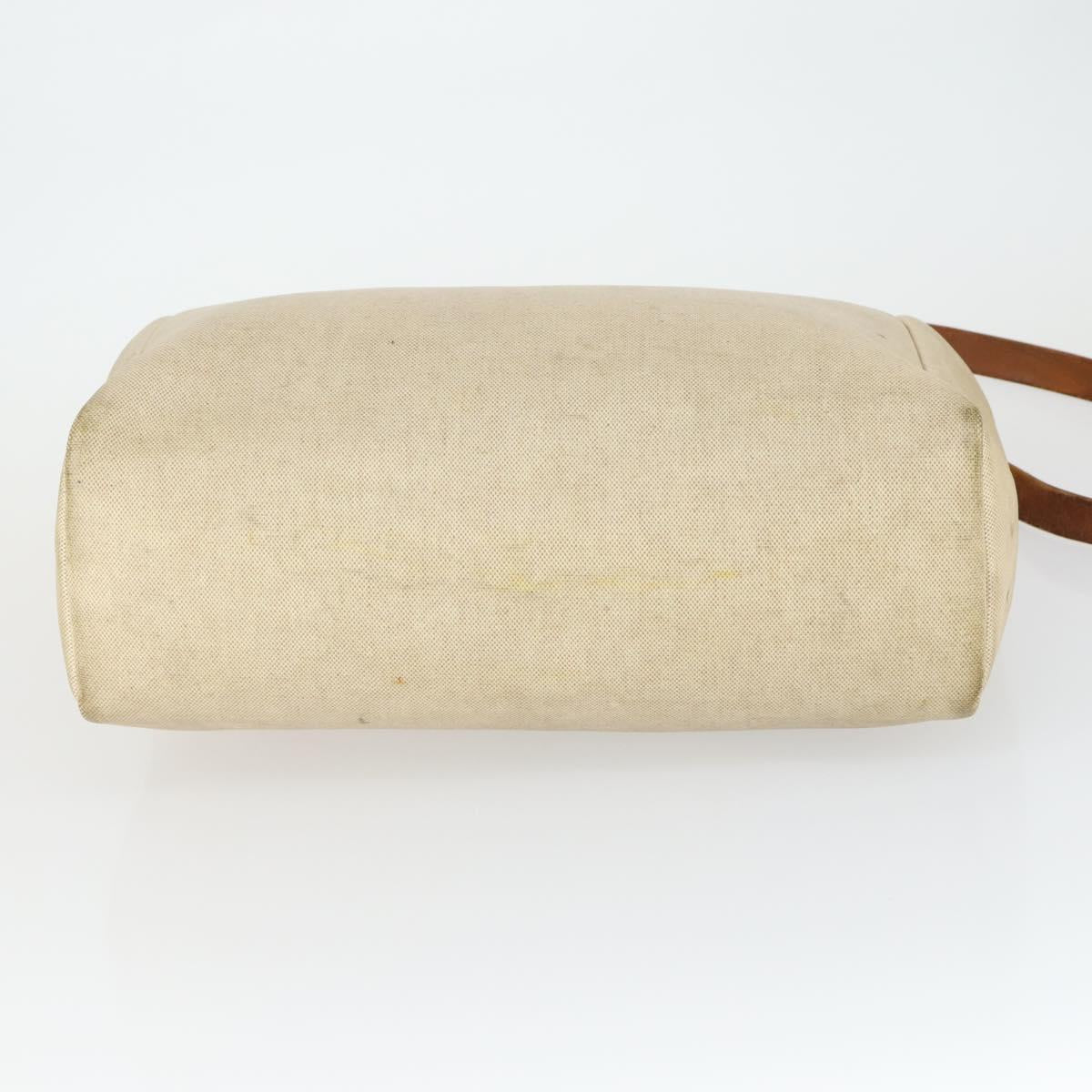 HERMES Her Bag MM Hand Bag Canvas Beige Silver Auth 168073