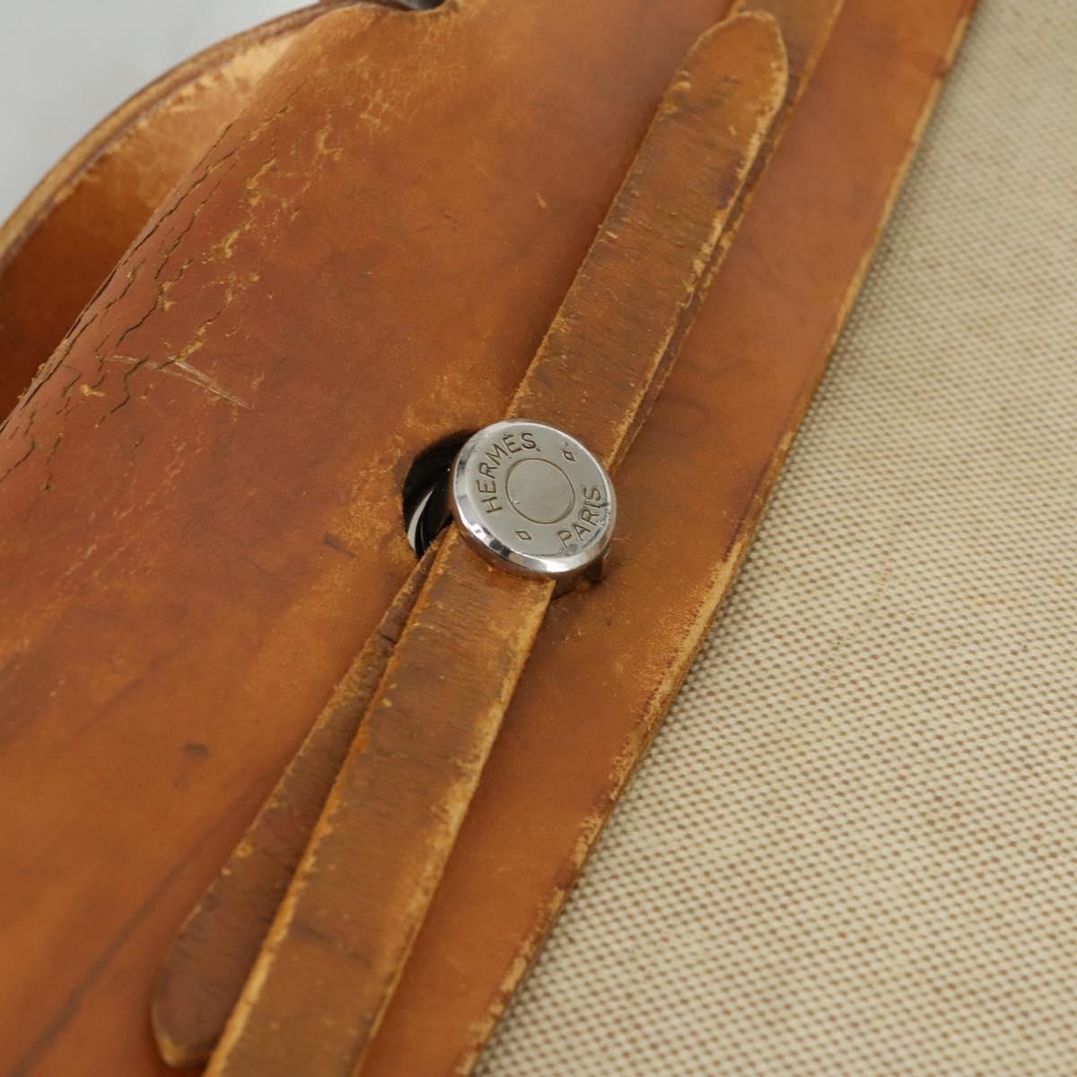 HERMES Her Bag MM Hand Bag Canvas Beige Silver Auth 168073