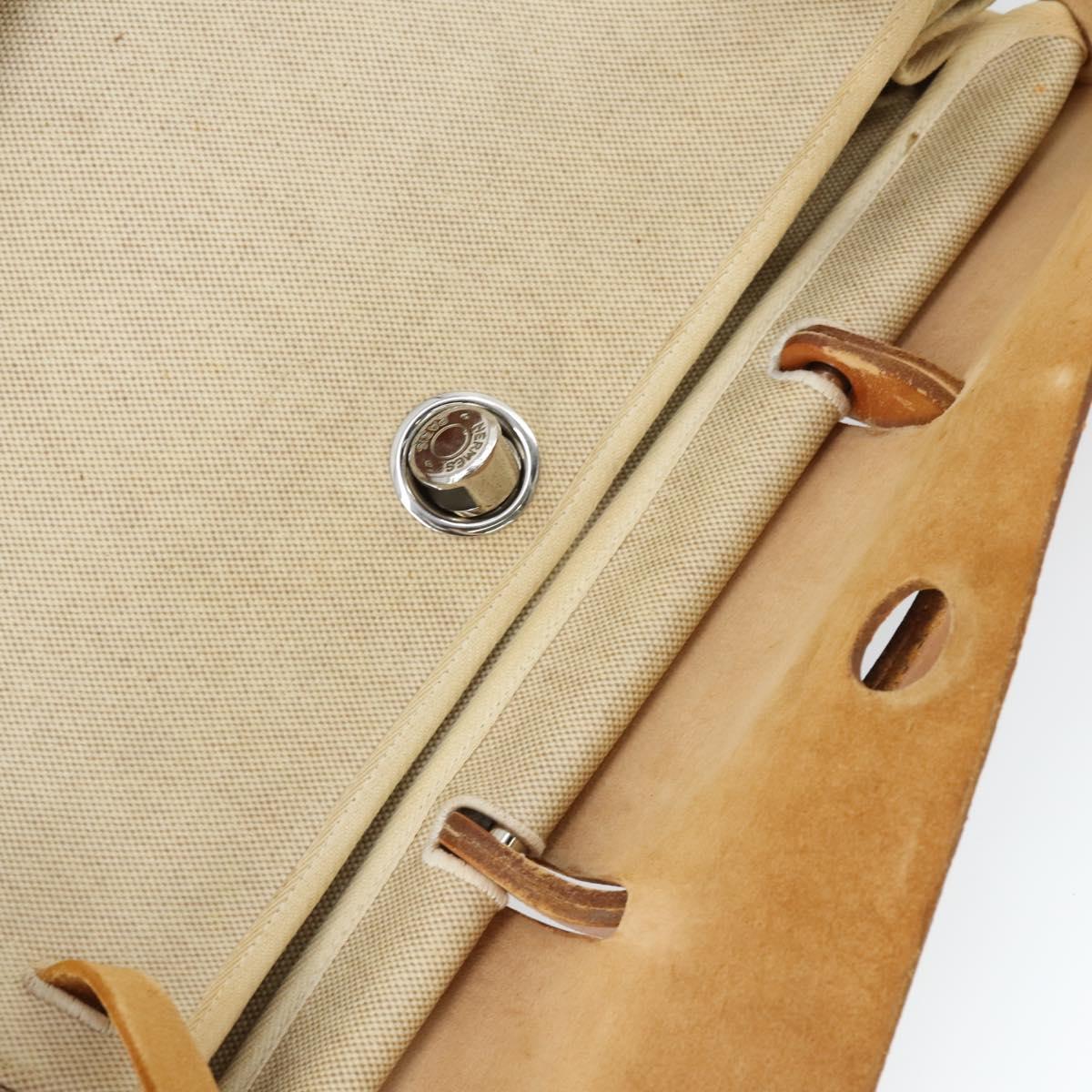 HERMES Her Bag MM Hand Bag Canvas Beige Silver Auth 168073