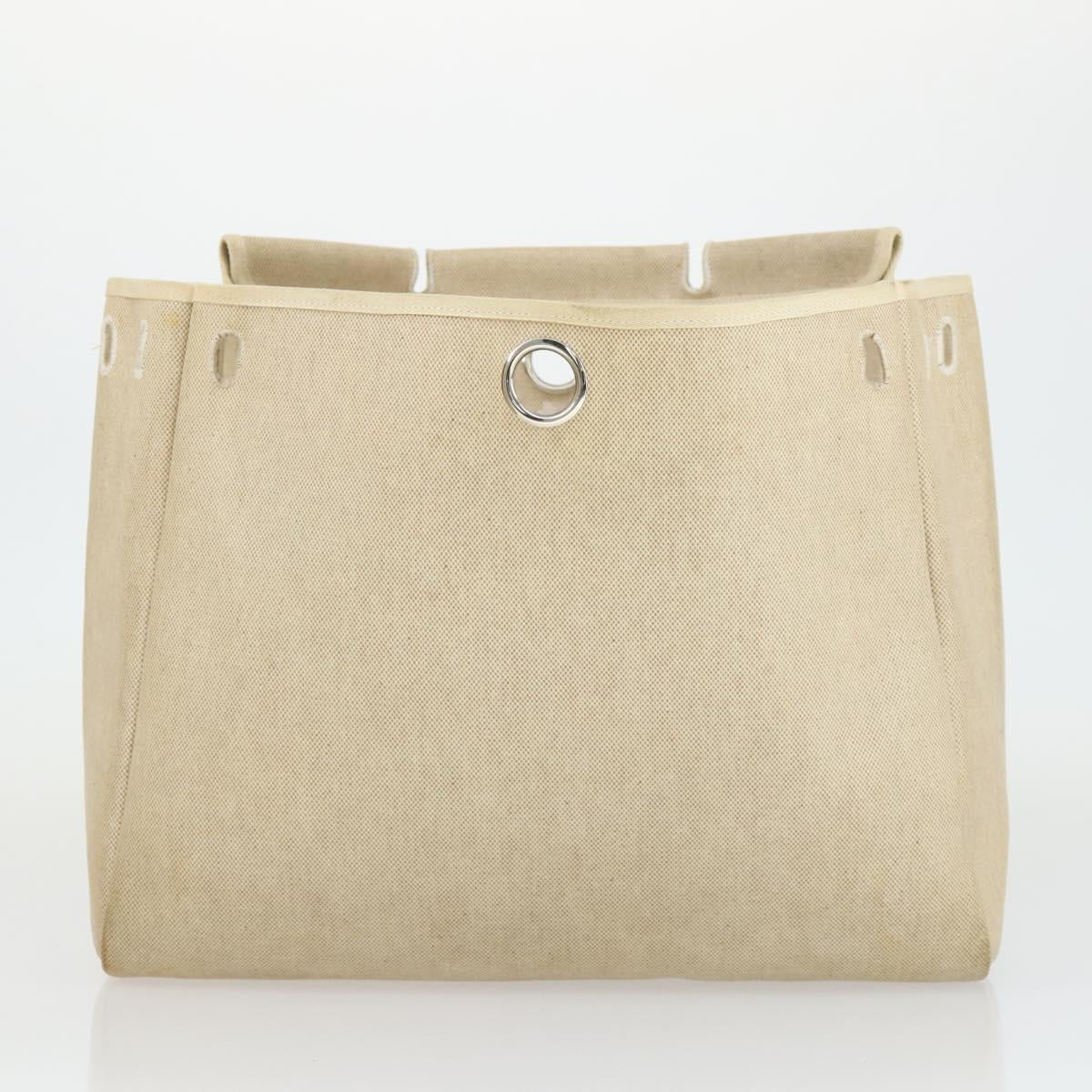 HERMES Her Bag MM Hand Bag Canvas Beige Silver Auth 168073