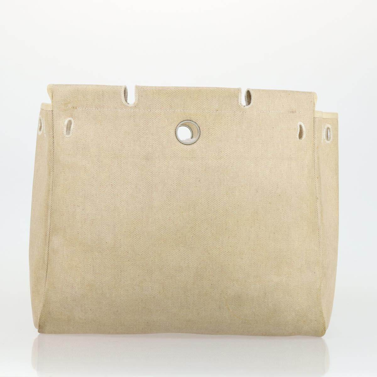 HERMES Her Bag MM Hand Bag Canvas Beige Silver Auth 168073