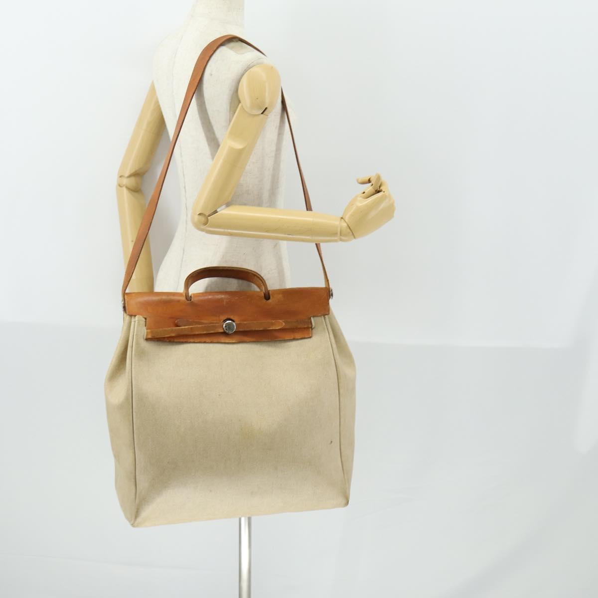 HERMES Her Bag MM Hand Bag Canvas Beige Silver Auth 168073