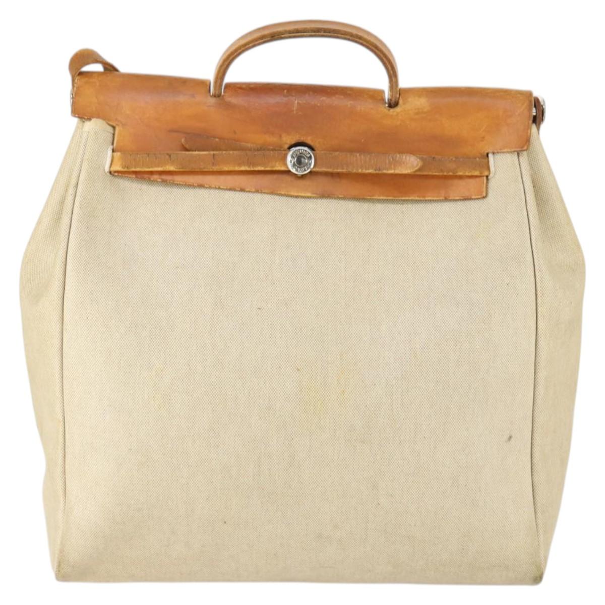 HERMES Her Bag MM Hand Bag Canvas Beige Silver Auth 168073