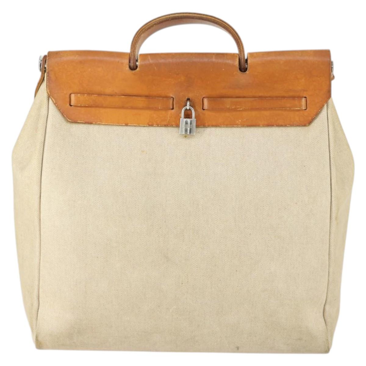 HERMES Her Bag MM Hand Bag Canvas Beige Silver Auth 168073