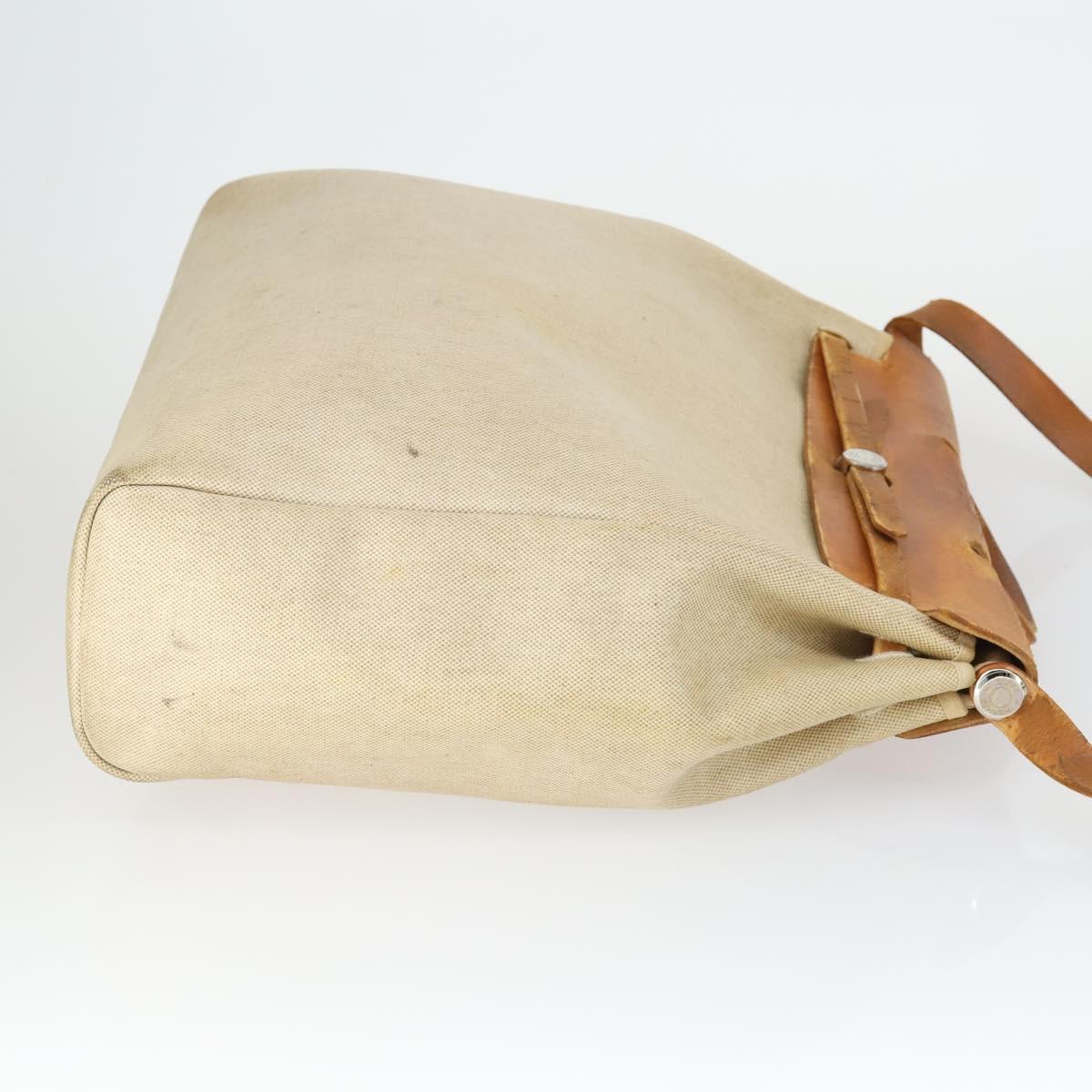 HERMES Her Bag MM Hand Bag Canvas Beige Silver Auth 168073