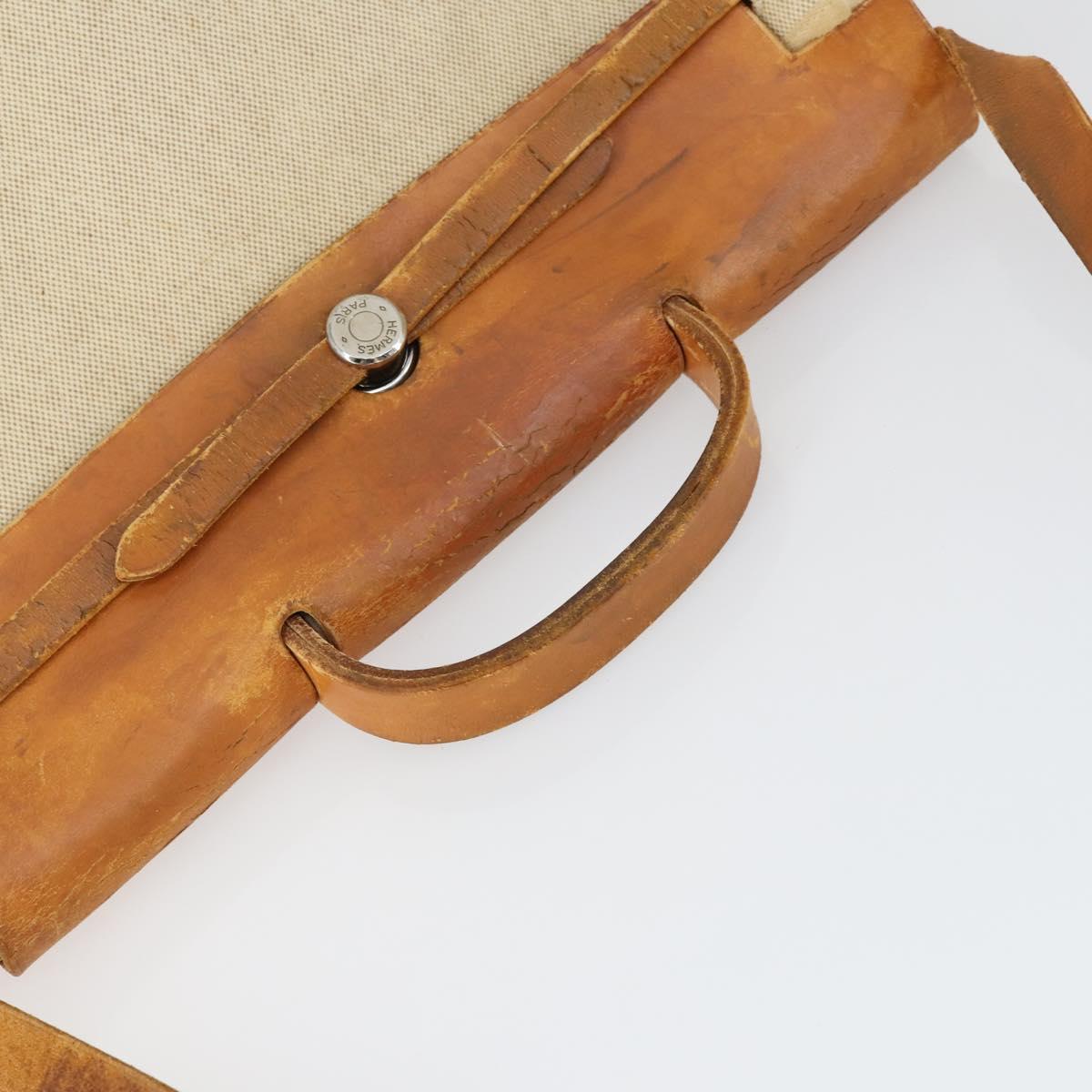 HERMES Her Bag MM Hand Bag Canvas Beige Silver Auth 168073