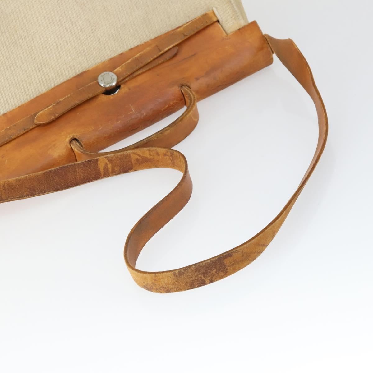 HERMES Her Bag MM Hand Bag Canvas Beige Silver Auth 168073