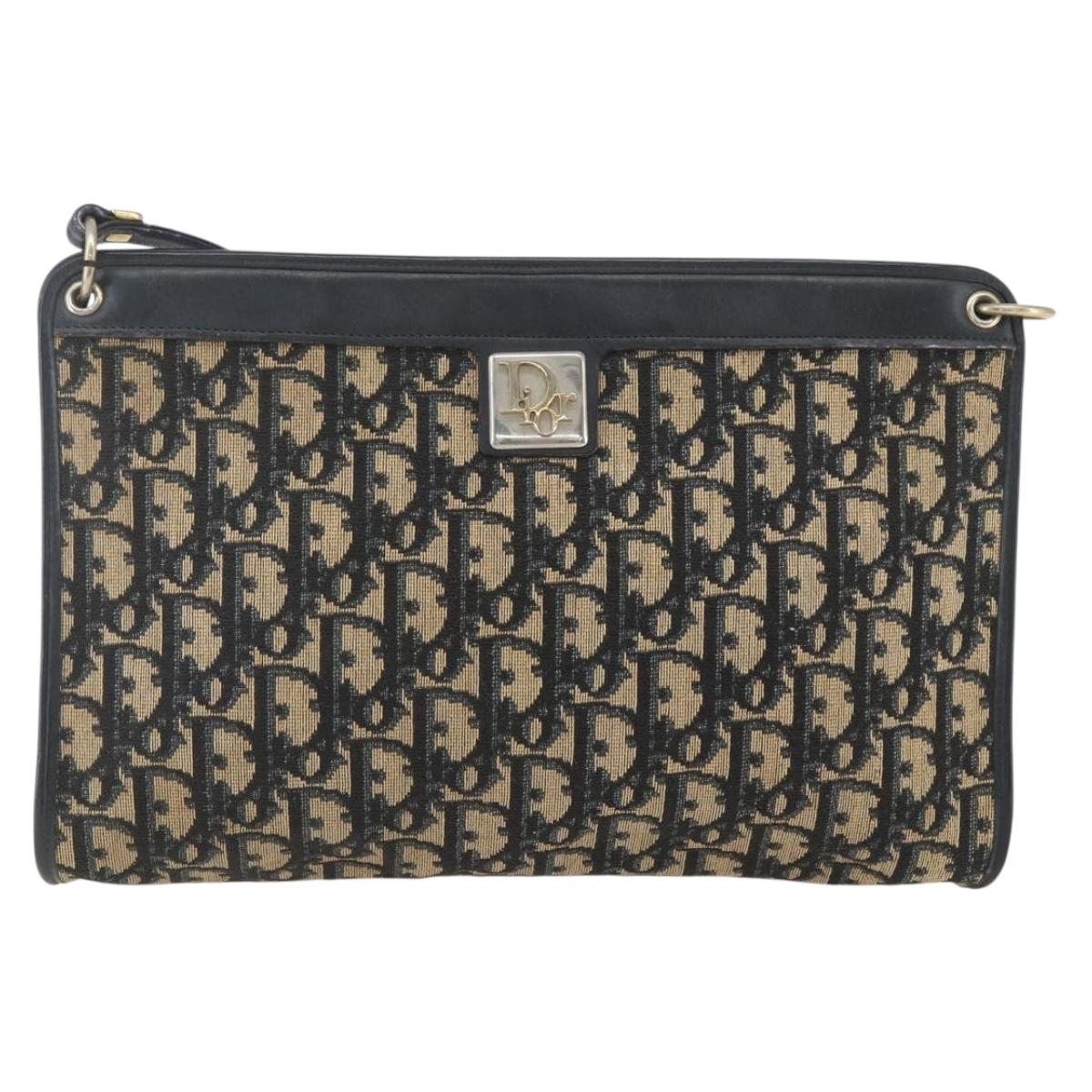 Christian Dior Trotter Canvas Shoulder Bag Navy Gold Auth 168085