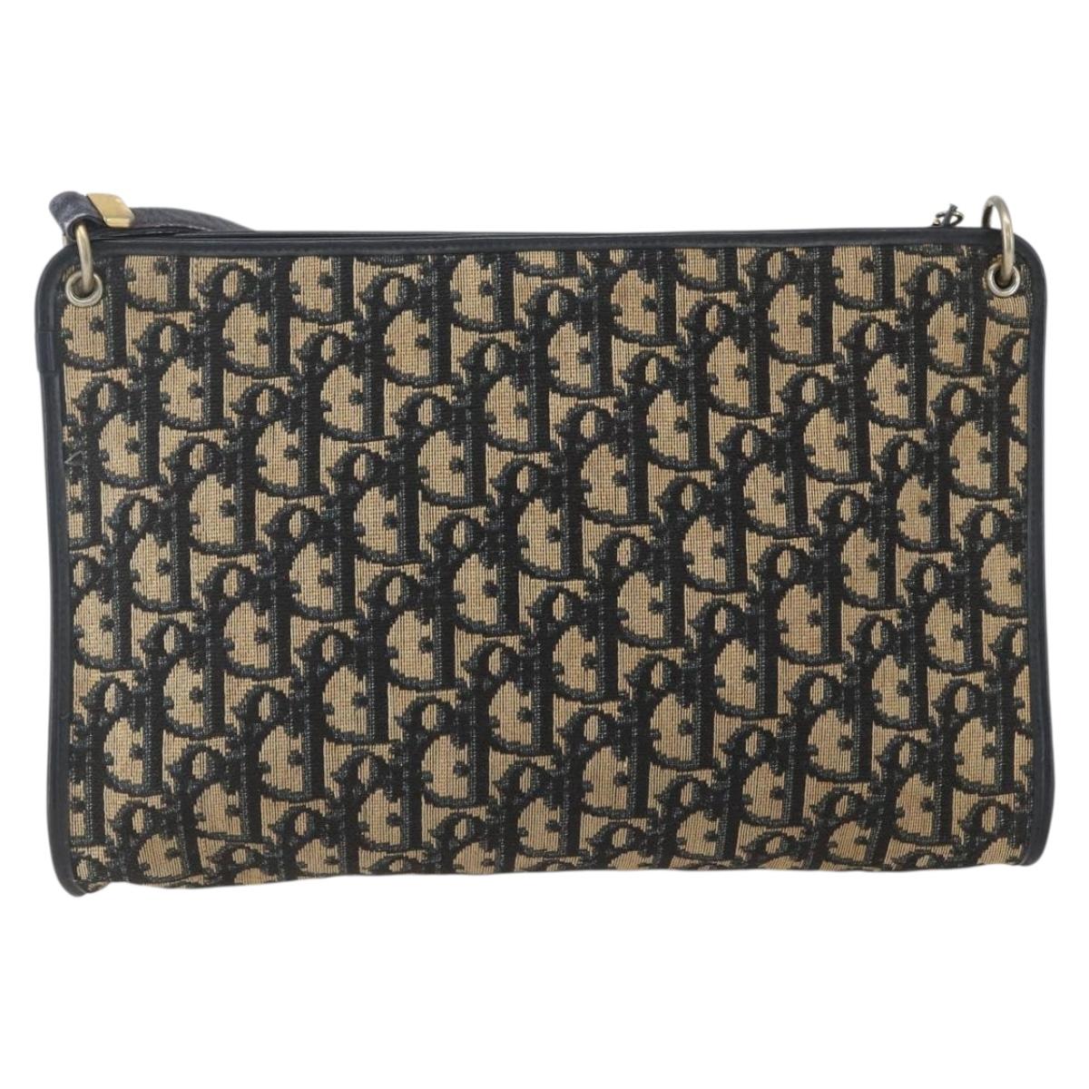 Christian Dior Trotter Canvas Shoulder Bag Navy Gold Auth 168085
