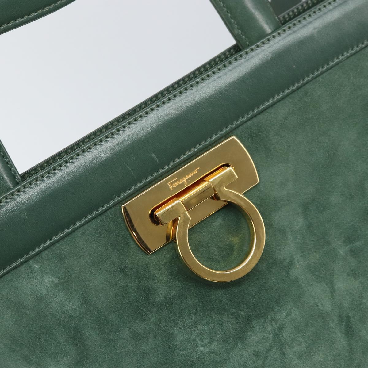 Salvatore Ferragamo Gancini Hand Bag Suede 2way Green Gold Auth 168093V