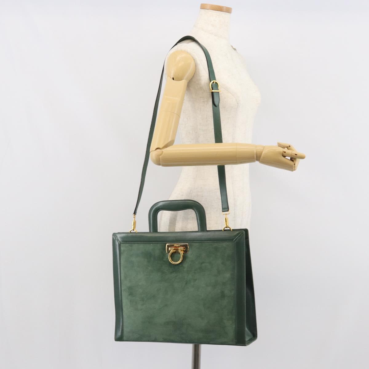 Salvatore Ferragamo Gancini Hand Bag Suede 2way Green Gold Auth 168093V