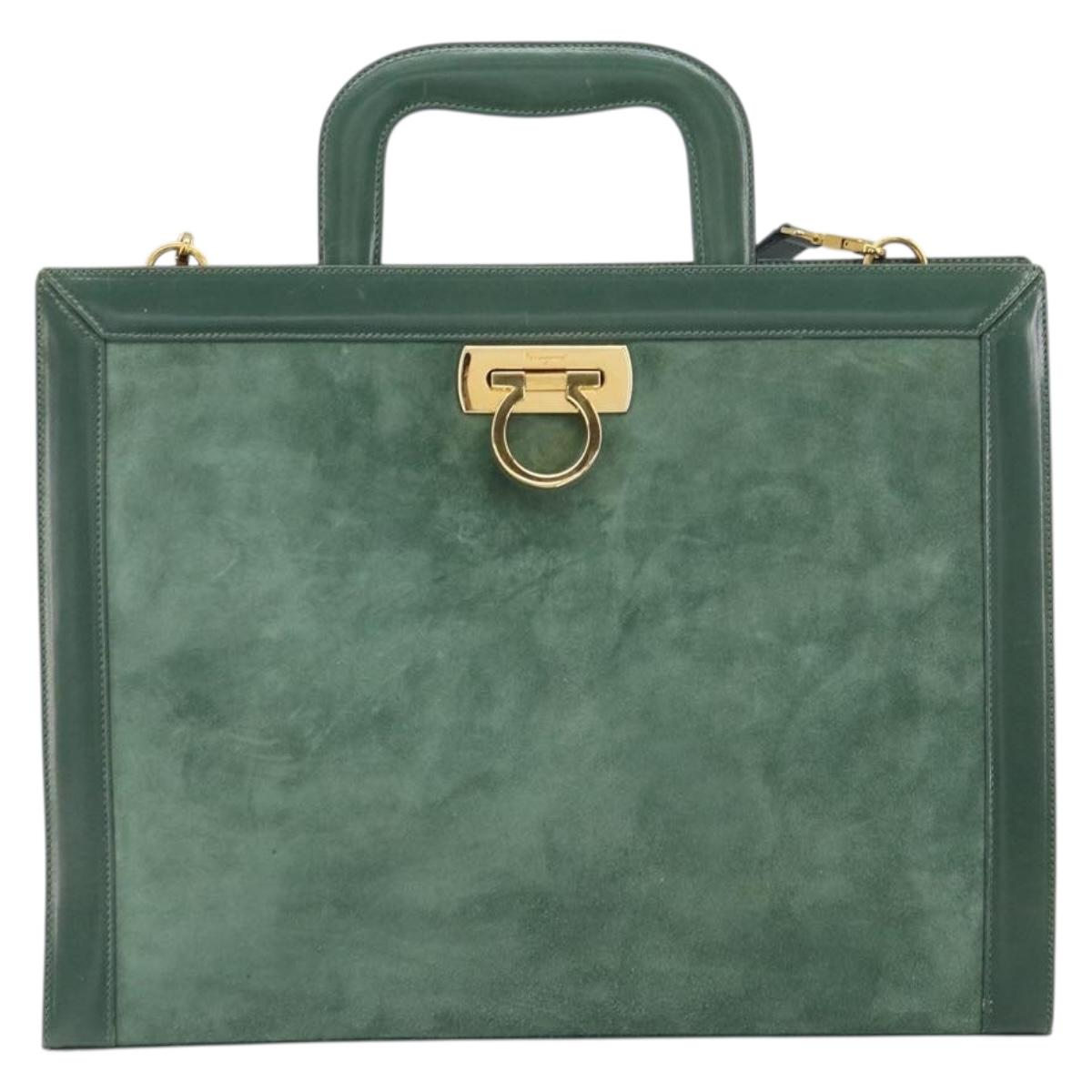 Salvatore Ferragamo Gancini Hand Bag Suede 2way Green Gold Auth 168093V