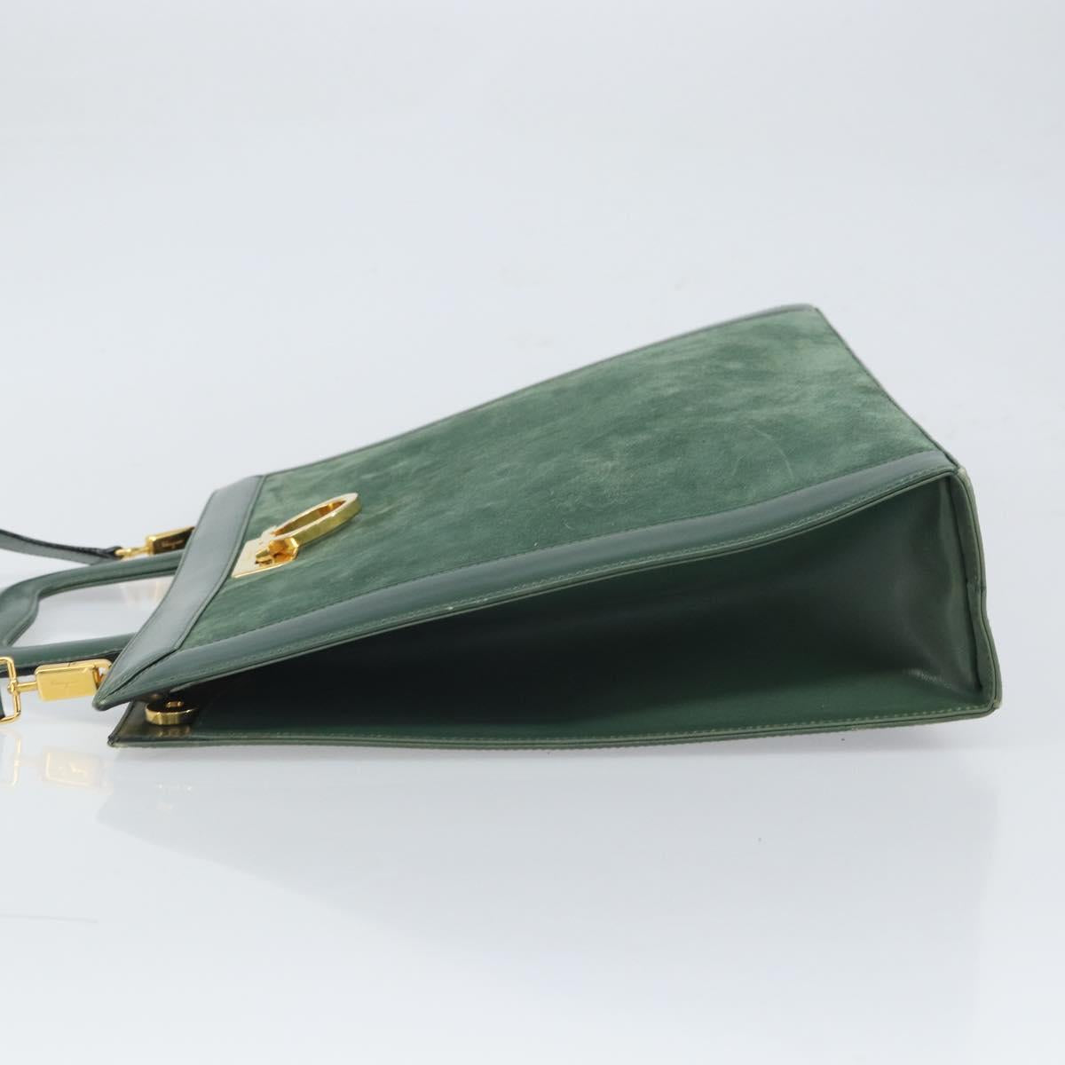 Salvatore Ferragamo Gancini Hand Bag Suede 2way Green Gold Auth 168093V