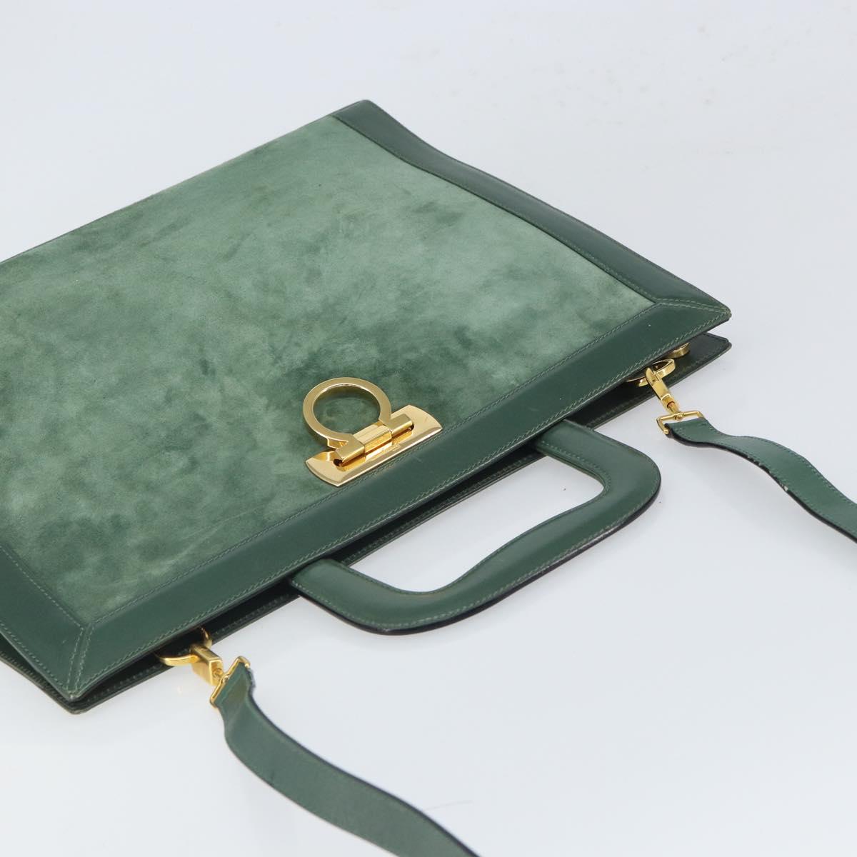 Salvatore Ferragamo Gancini Hand Bag Suede 2way Green Gold Auth 168093V