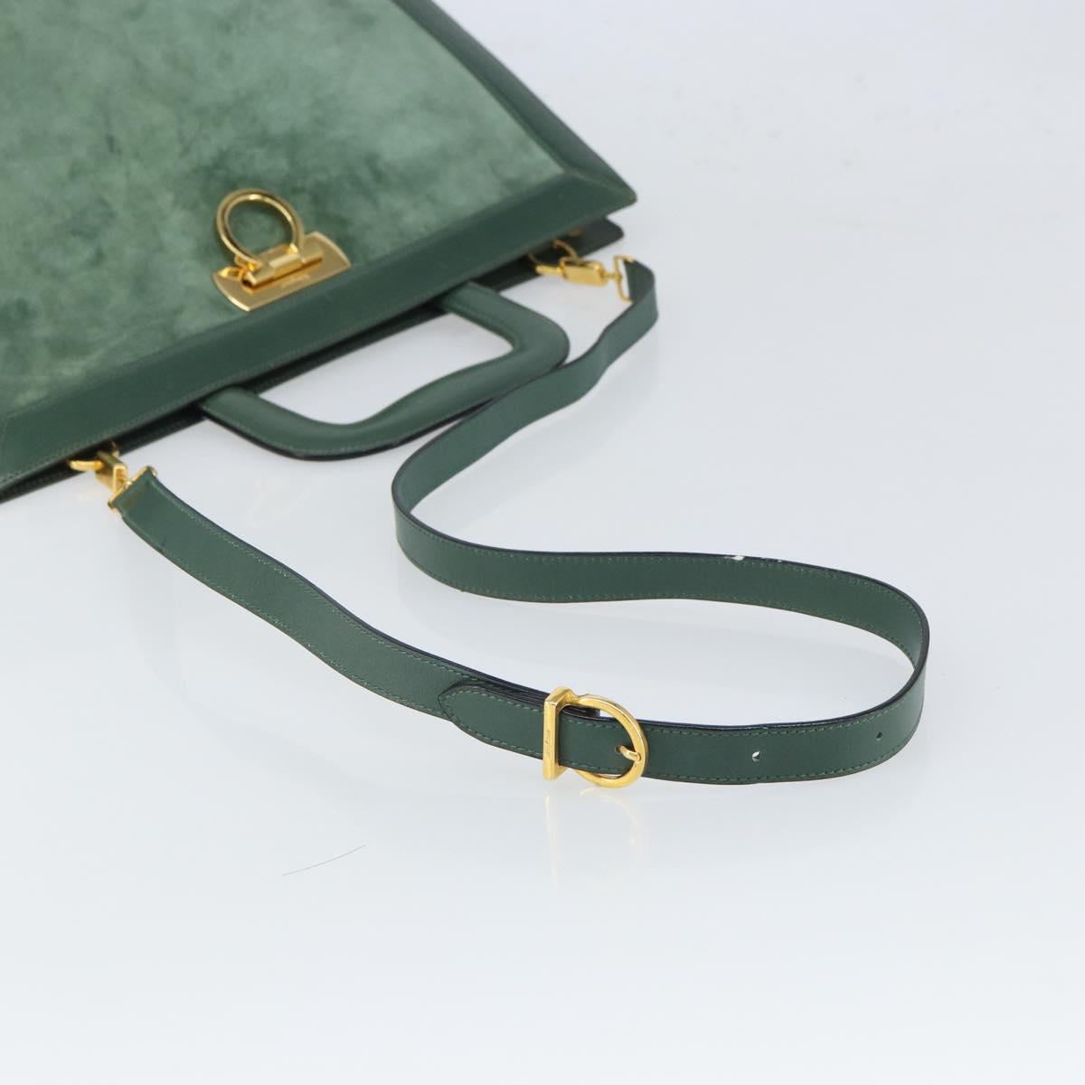 Salvatore Ferragamo Gancini Hand Bag Suede 2way Green Gold Auth 168093V