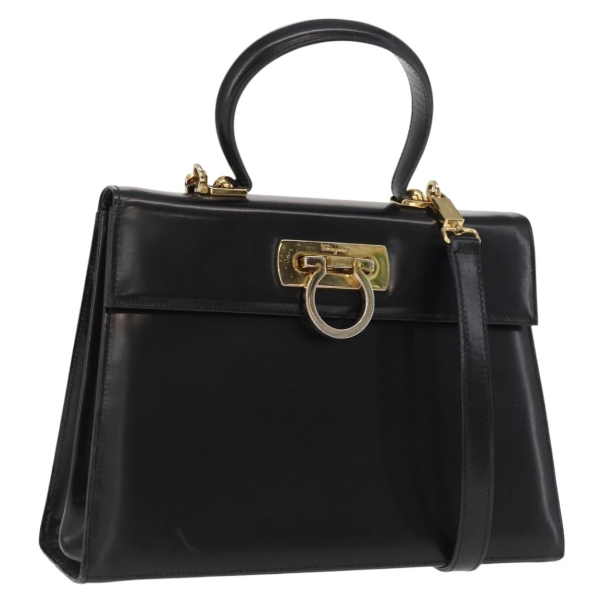 Salvatore Ferragamo Gancini Hand Bag Leather 2way Black Gold Auth 168101