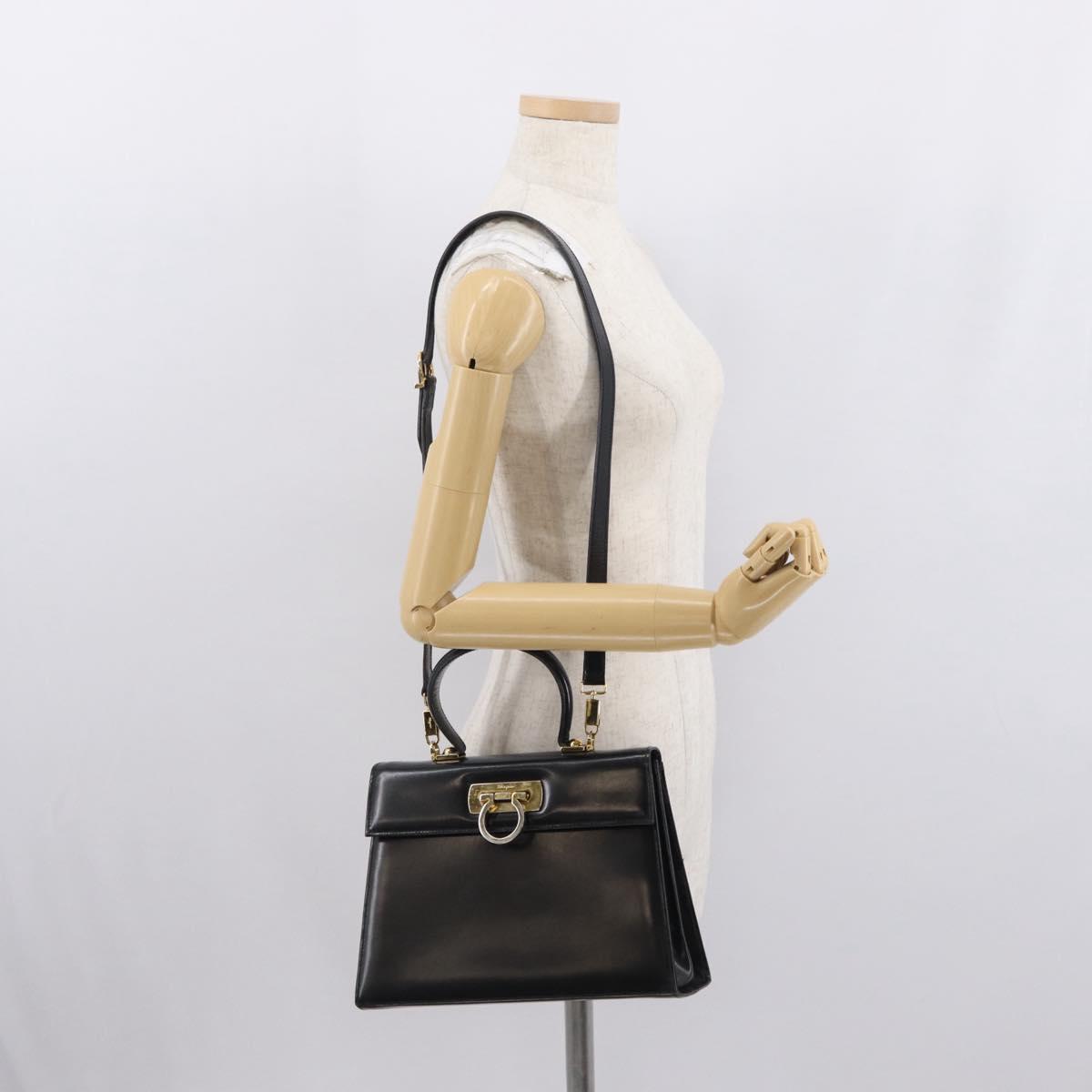 Salvatore Ferragamo Gancini Hand Bag Leather 2way Black Gold Auth 168101