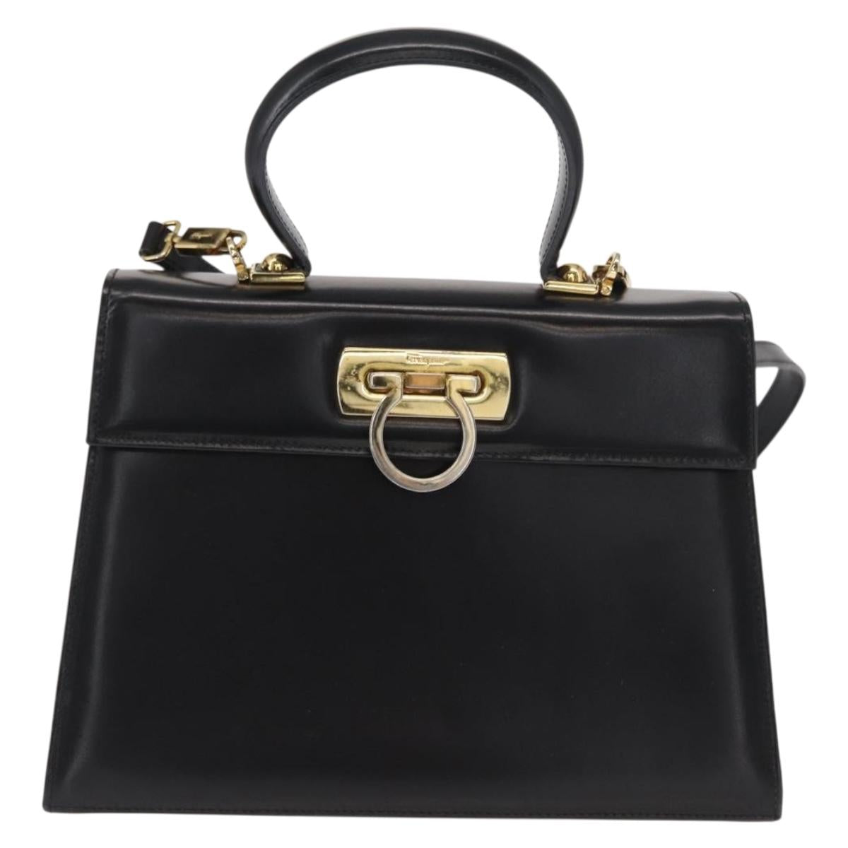 Salvatore Ferragamo Gancini Hand Bag Leather 2way Black Gold Auth 168101