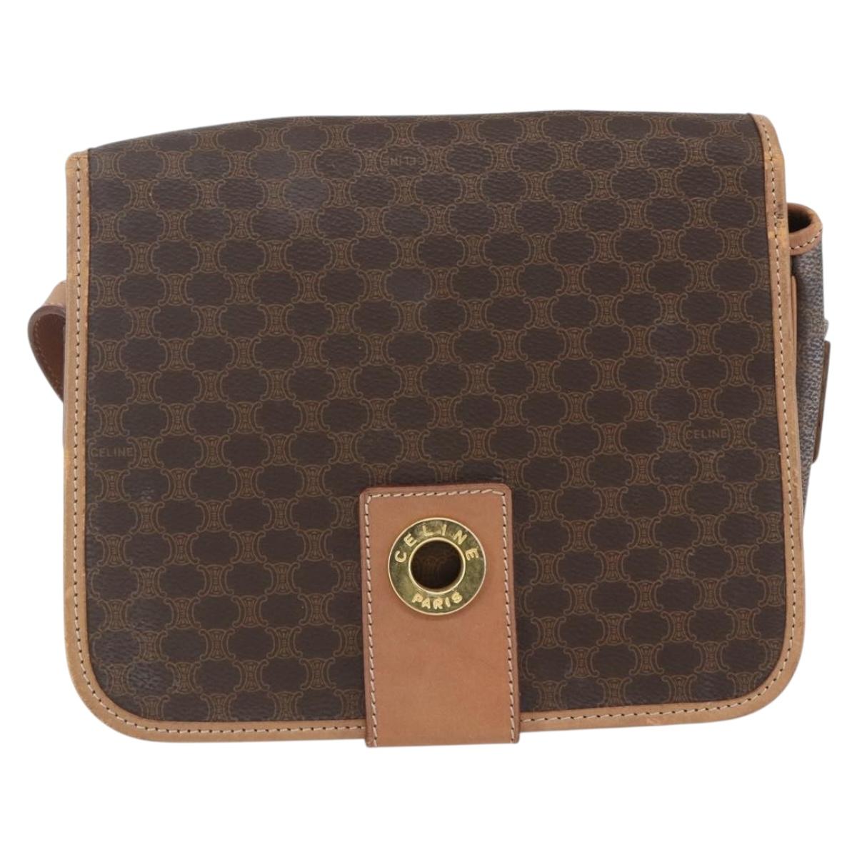 CELINE Macadam Canvas Shoulder Bag PVC Leather Brown Gold Auth 168118