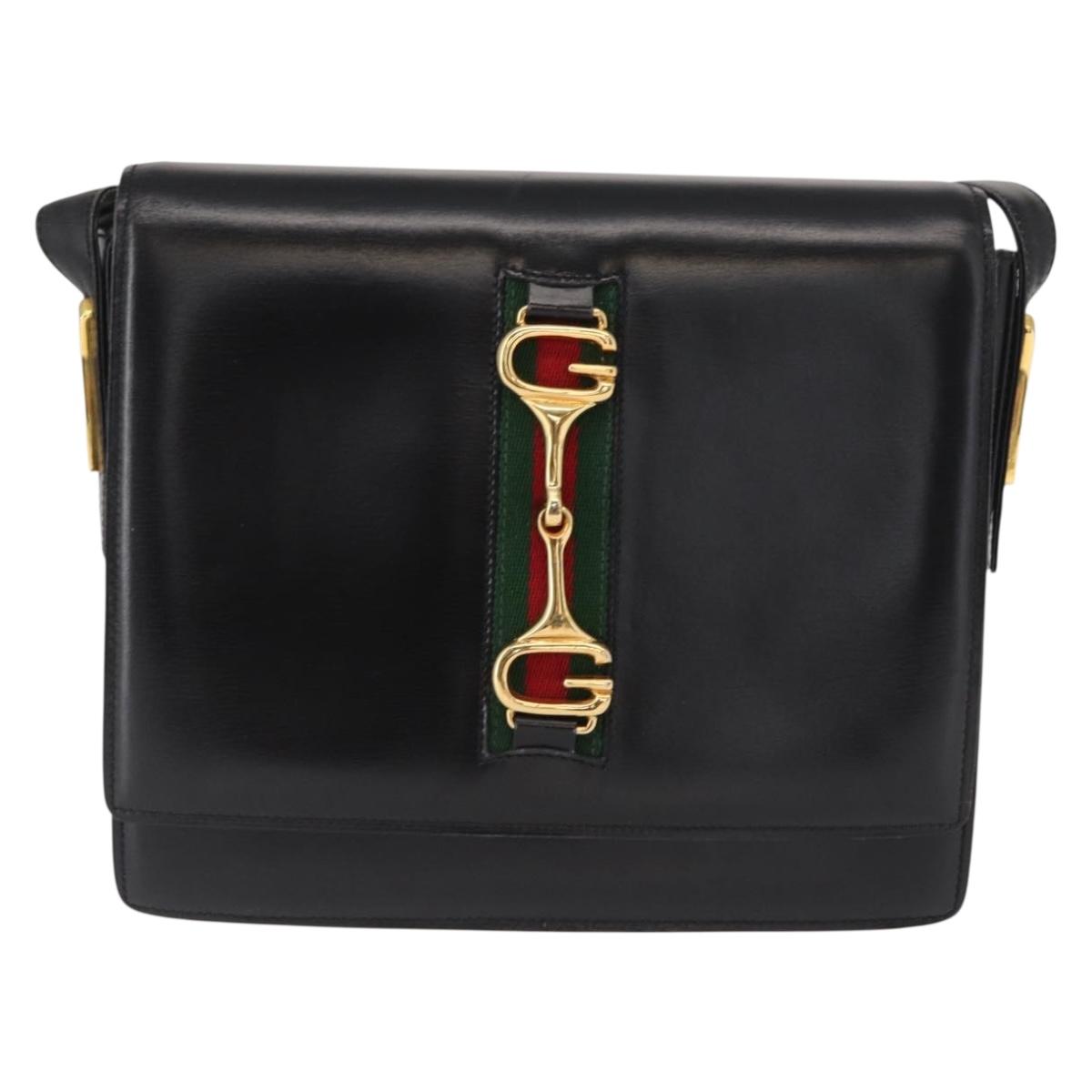 GUCCI Web Sherry Line Horsebit Shoulder Bag Leather Black Gold Auth 168125