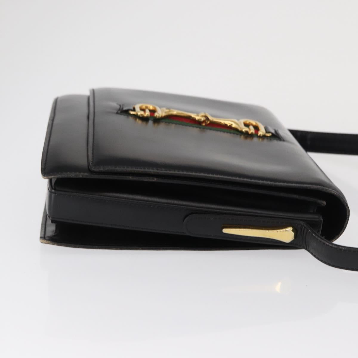 GUCCI Web Sherry Line Horsebit Shoulder Bag Leather Black Gold Auth 168125