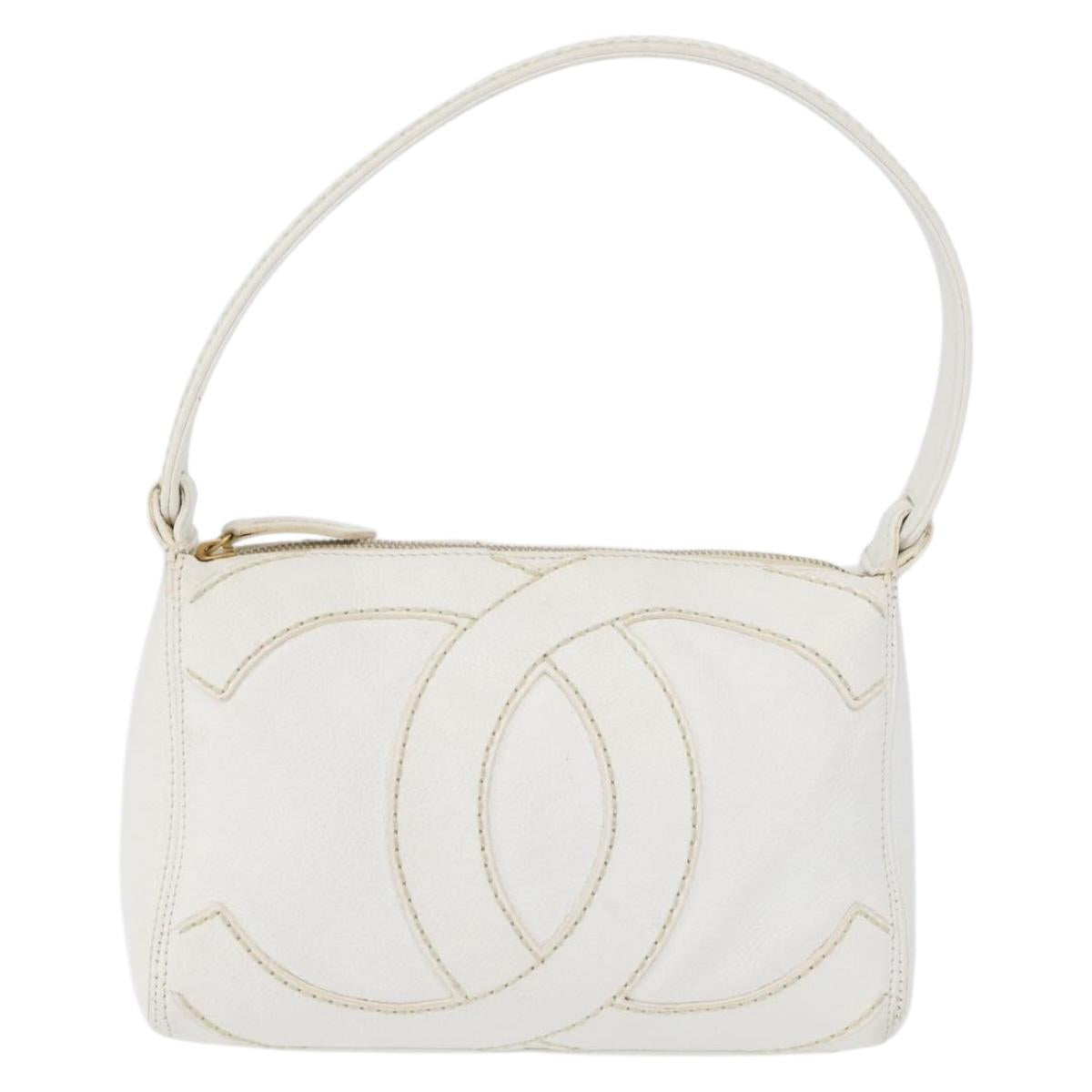 CHANEL COCO Mark Shoulder Bag Caviar Skin White Gold CC Auth 168141SAV