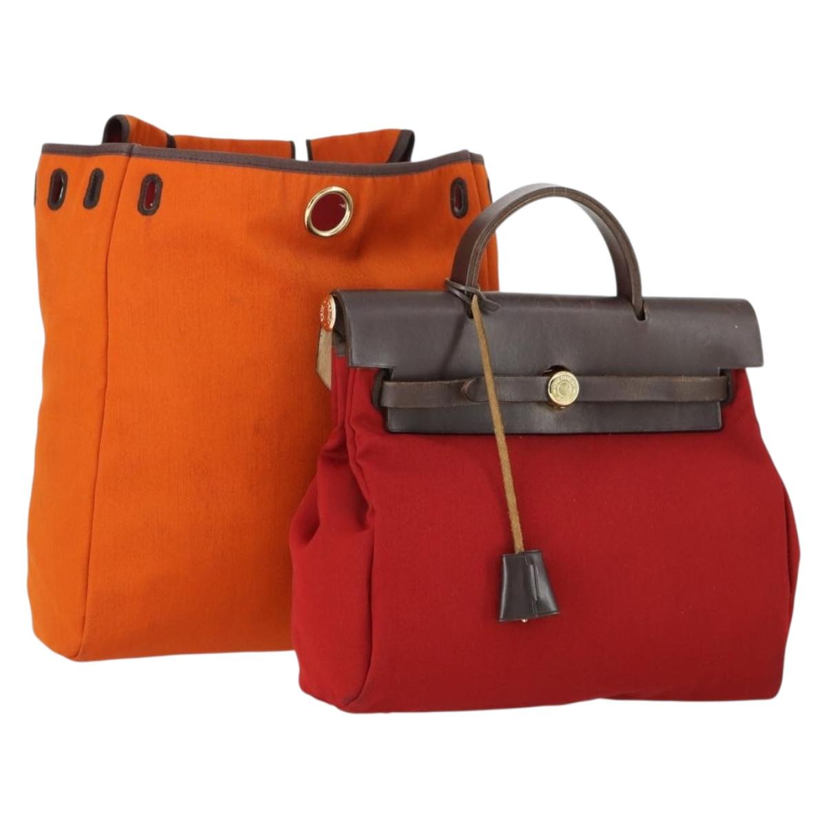 HERMES Herbag MM Hand Bag Canvas 2way Orange Auth 168151