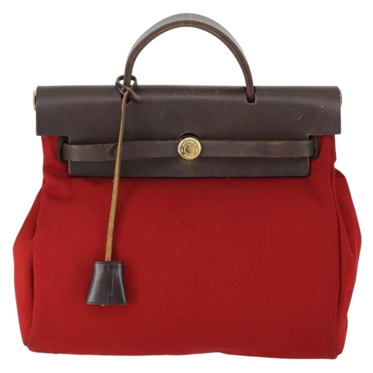 HERMES Herbag MM Hand Bag Canvas 2way Orange Auth 168151