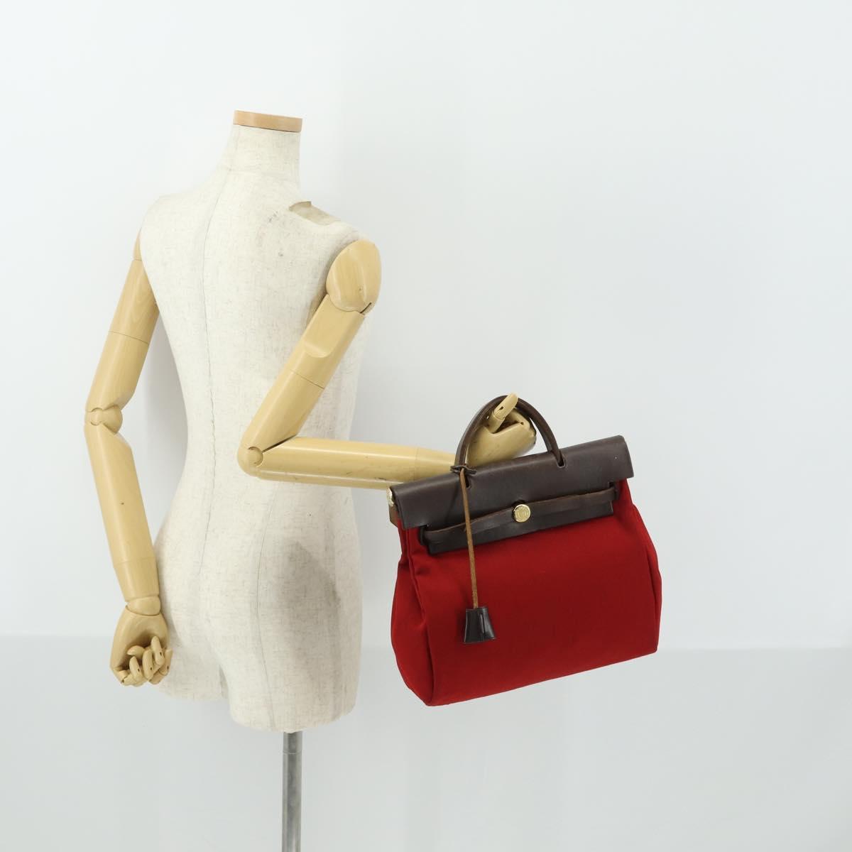 HERMES Herbag MM Hand Bag Canvas 2way Orange Auth 168151